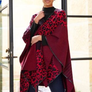 MING WANG THE HOPE WRAP CAPE ONE SIZE RED BLACK ANIMAL LEOPARD PRINT PATCHWORK